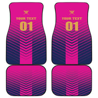 Set of 4 cricket car floor mats, pink and dark blue chevron with '01'.