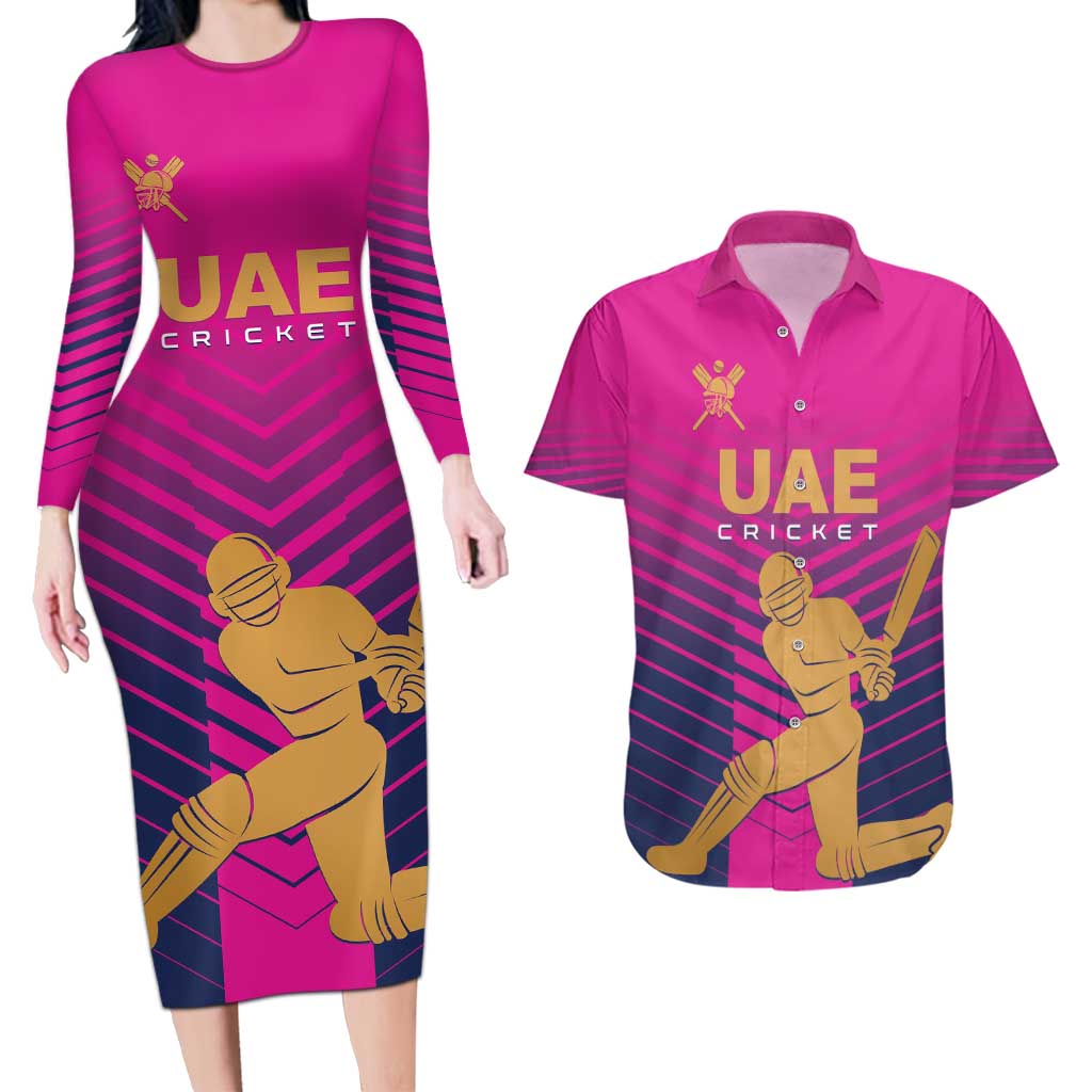 Custom United Arab Emirates Cricket Couples Matching Long Sleeve Bodycon Dress and Hawaiian Shirt Go Boys Team UAE - Wonder Print Shop