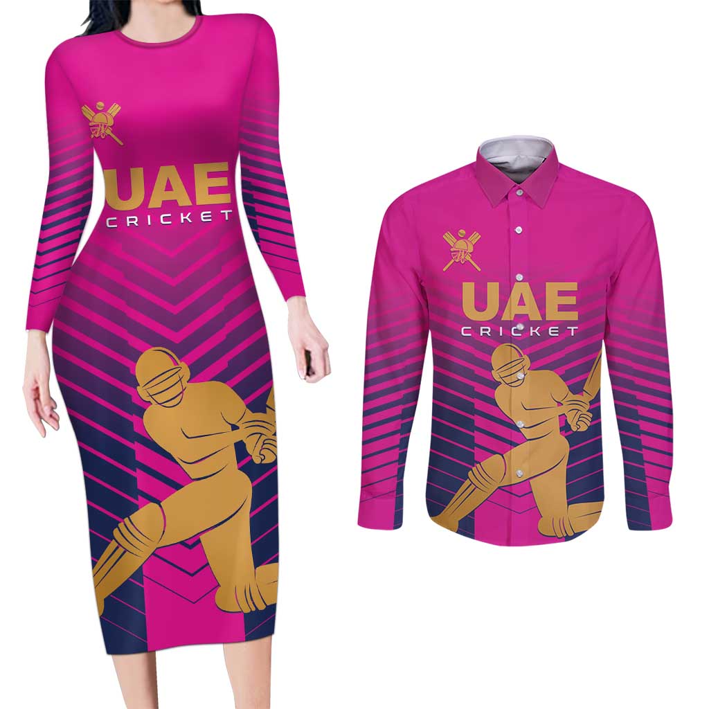 Custom United Arab Emirates Cricket Couples Matching Long Sleeve Bodycon Dress and Long Sleeve Button Shirt Go Boys Team UAE - Wonder Print Shop