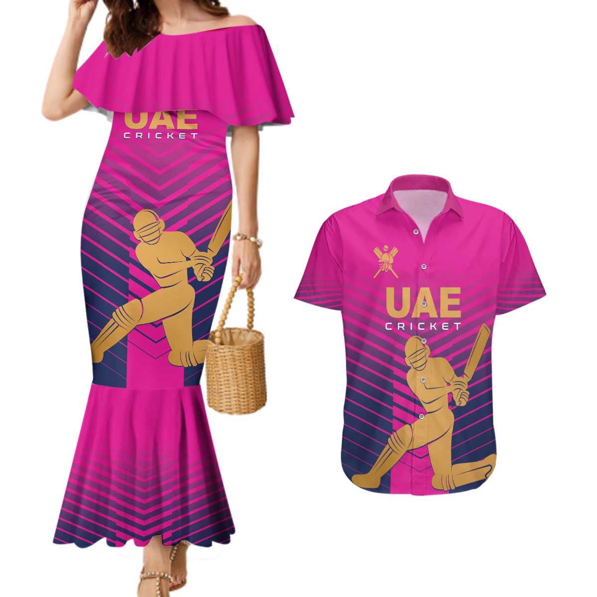 Custom United Arab Emirates Cricket Couples Matching Mermaid Dress and Hawaiian Shirt Go Boys Team UAE - Wonder Print Shop