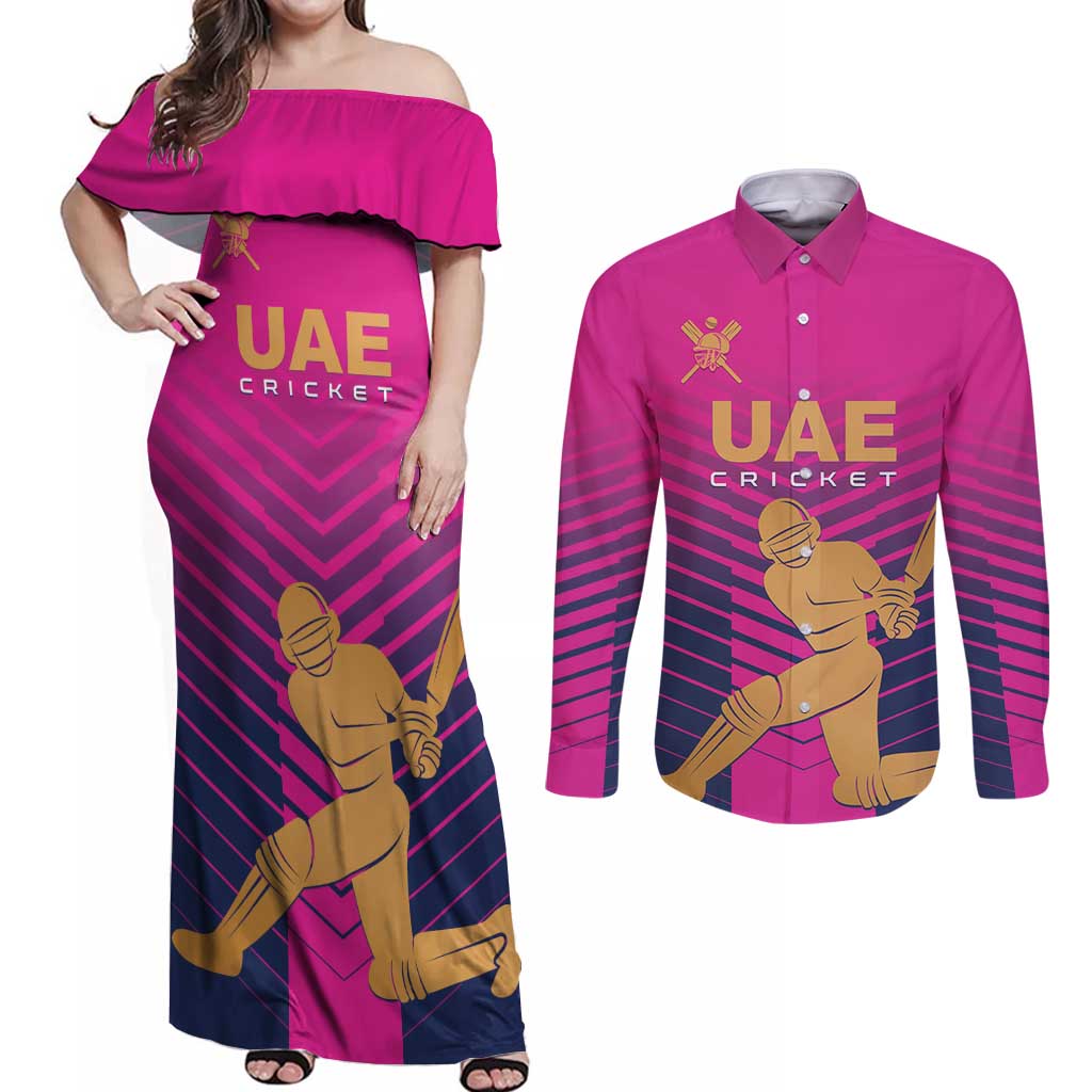 Custom United Arab Emirates Cricket Couples Matching Off Shoulder Maxi Dress and Long Sleeve Button Shirt Go Boys Team UAE - Wonder Print Shop