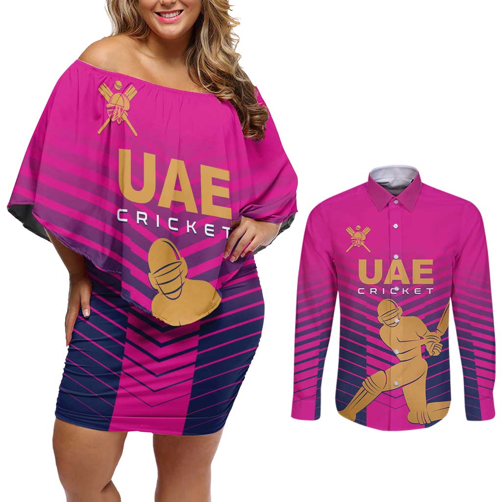 Custom United Arab Emirates Cricket Couples Matching Off Shoulder Short Dress and Long Sleeve Button Shirt Go Boys Team UAE - Wonder Print Shop