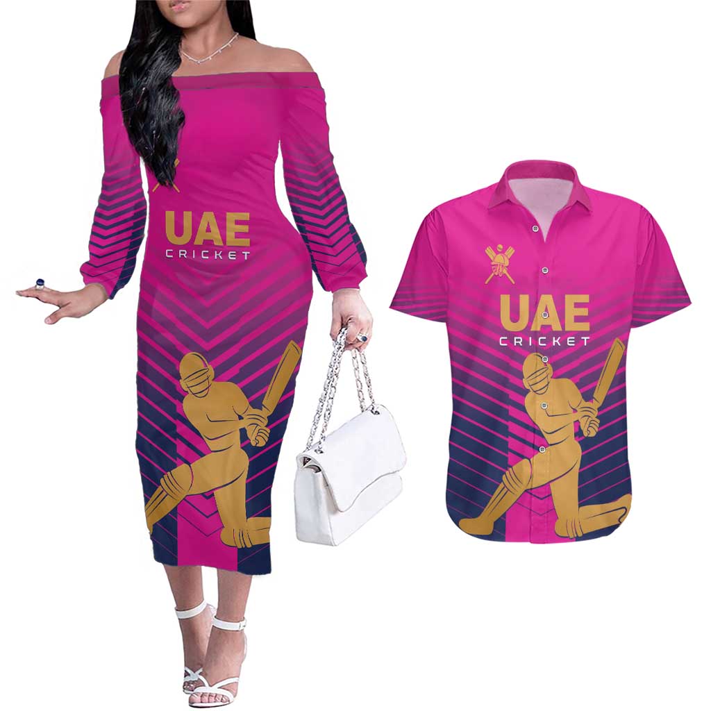 Custom United Arab Emirates Cricket Couples Matching Off The Shoulder Long Sleeve Dress and Hawaiian Shirt Go Boys Team UAE - Wonder Print Shop