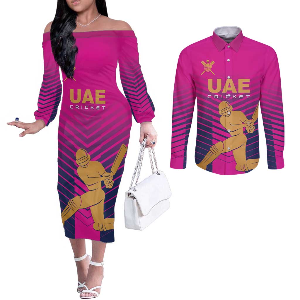 Custom United Arab Emirates Cricket Couples Matching Off The Shoulder Long Sleeve Dress and Long Sleeve Button Shirt Go Boys Team UAE