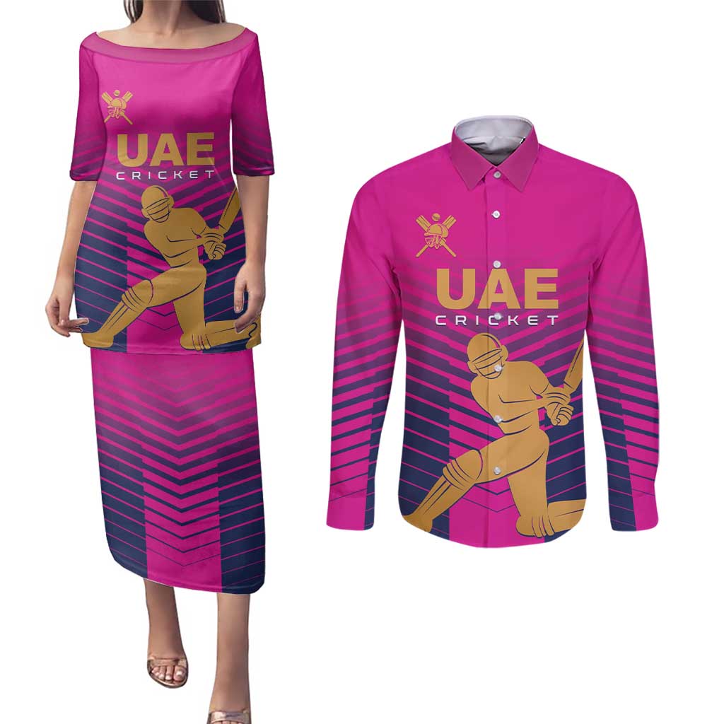 Custom United Arab Emirates Cricket Couples Matching Puletasi and Long Sleeve Button Shirt Go Boys Team UAE - Wonder Print Shop