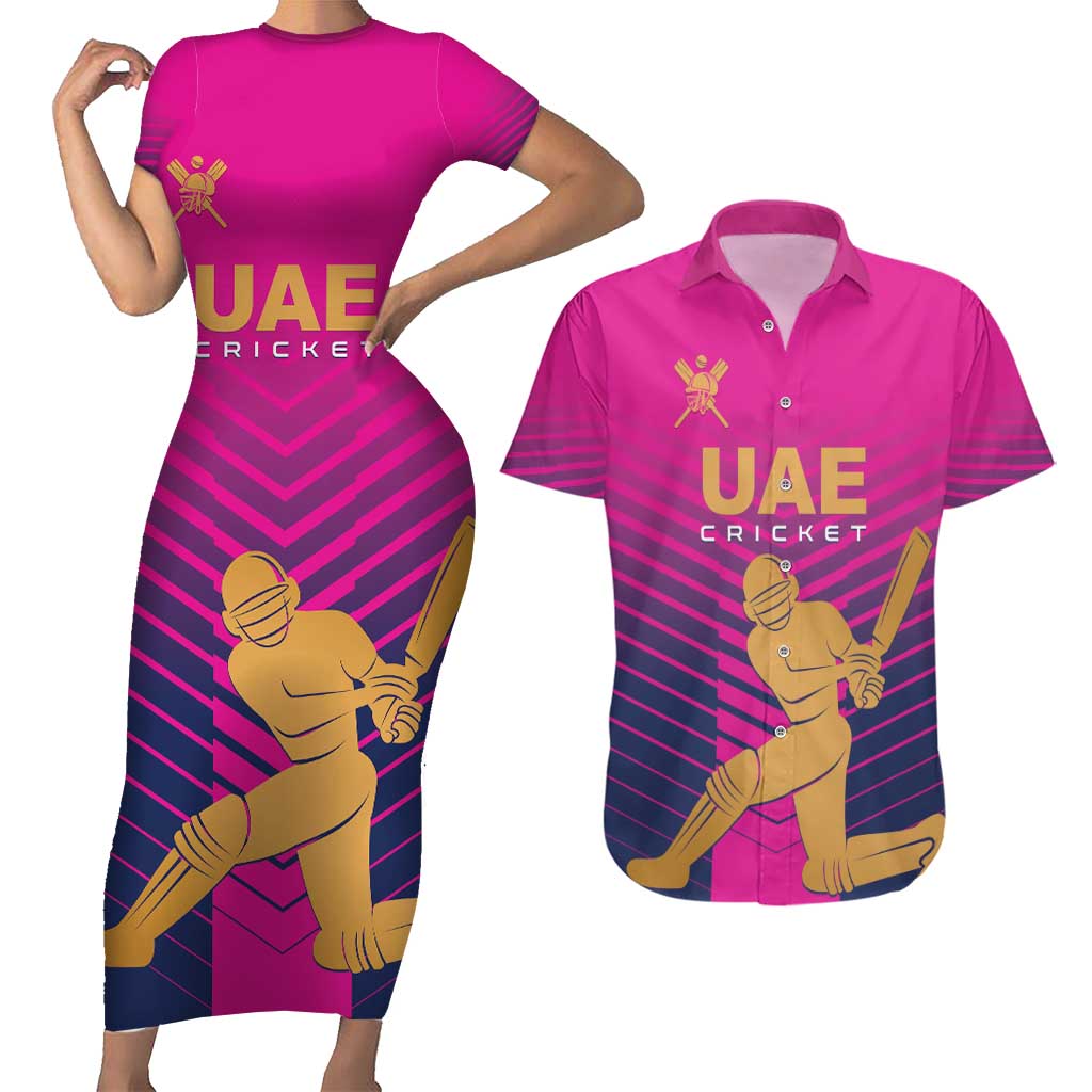 Custom United Arab Emirates Cricket Couples Matching Short Sleeve Bodycon Dress and Hawaiian Shirt Go Boys Team UAE - Wonder Print Shop