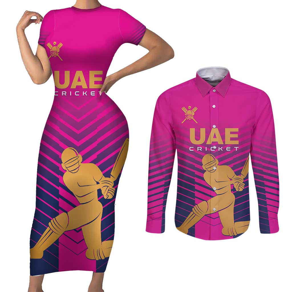 Custom United Arab Emirates Cricket Couples Matching Short Sleeve Bodycon Dress and Long Sleeve Button Shirt Go Boys Team UAE - Wonder Print Shop