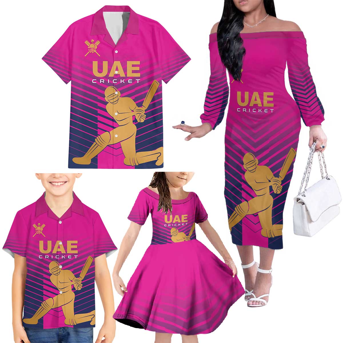 Custom United Arab Emirates Cricket Family Matching Off The Shoulder Long Sleeve Dress and Hawaiian Shirt Go Boys Team UAE - Wonder Print Shop