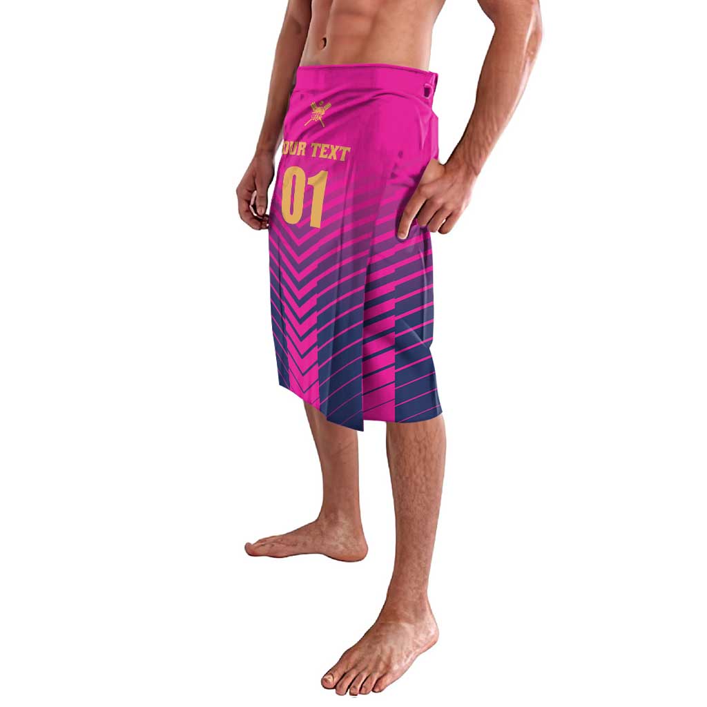 Boys' pink cricket shorts with navy chevron print and '01' graphic, side view