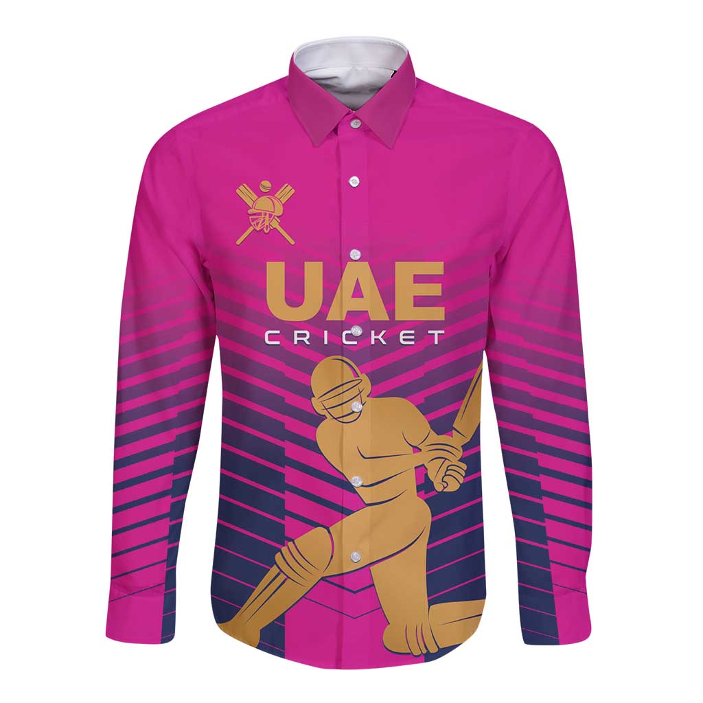 Pink long-sleeve cricket button-up shirt with graphic player and UAE Cricket logo