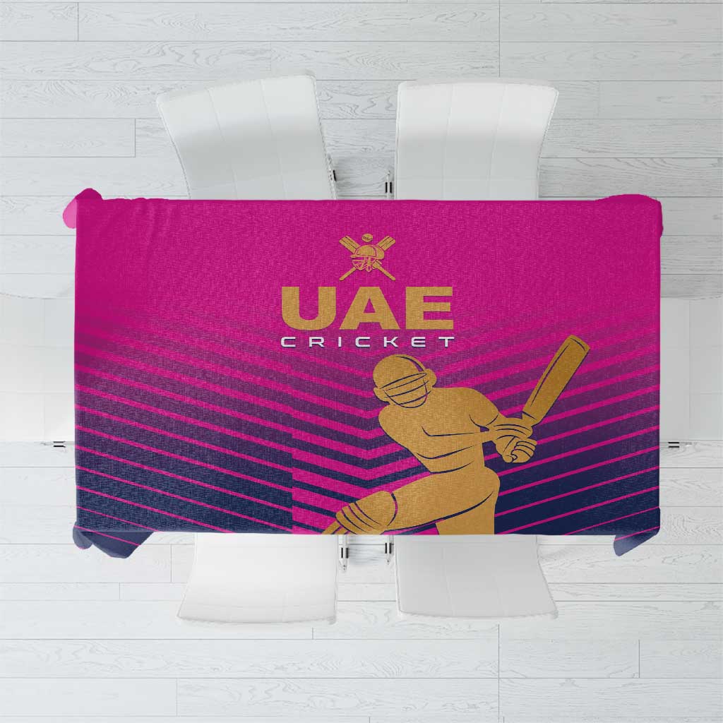 Pink UAE cricket tablecloth with gold batsman and UAE Cricket logo on striped design