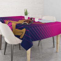 Pink UAE cricket tablecloth corner view with gold batsman graphic and purple stripe lines