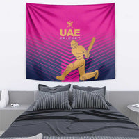 Pink UAE Cricket wall tapestry showing gold batter with bat and text logo.