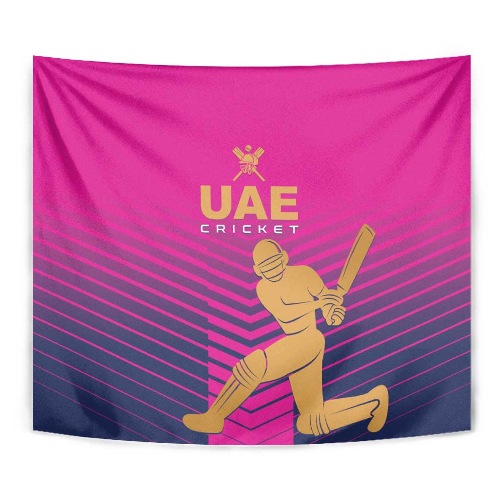 Pink UAE Cricket wall tapestry close view with gold player holding bat and logo.