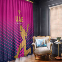 Pink UAE cricket curtain panel with gold batsman graphic and diagonal stripe design.