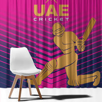 Pink UAE cricket curtain with large gold batsman print and diagonal stripe pattern.