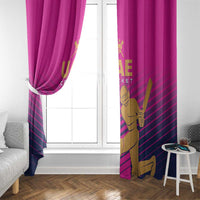 Pink UAE cricket window curtain panels with gold player graphic and diagonal stripe print.