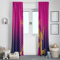 Pink UAE cricket curtain panels with gold logo and player graphic over diagonal stripes.