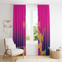 Pink UAE cricket window curtain panels with gold batsman graphic and diagonal stripe pattern.