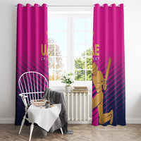 Pink UAE cricket curtain panels with metal hook header, gold logo, and diagonal stripes.