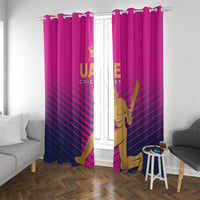 Pink UAE cricket curtain panels with rod-pocket style header and gold batsman graphic.