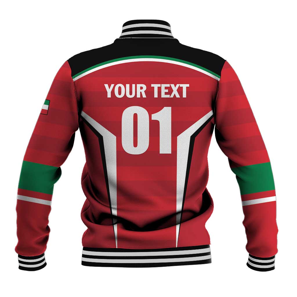 Red custom cricket baseball jacket back with 01 graphic, striped collar and striped cuffs
