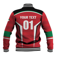 Red custom cricket baseball jacket back with 01 graphic, striped collar and striped cuffs