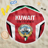 Kuwait cricket beach blanket, red-white stripes with crest logo, round fringe edge