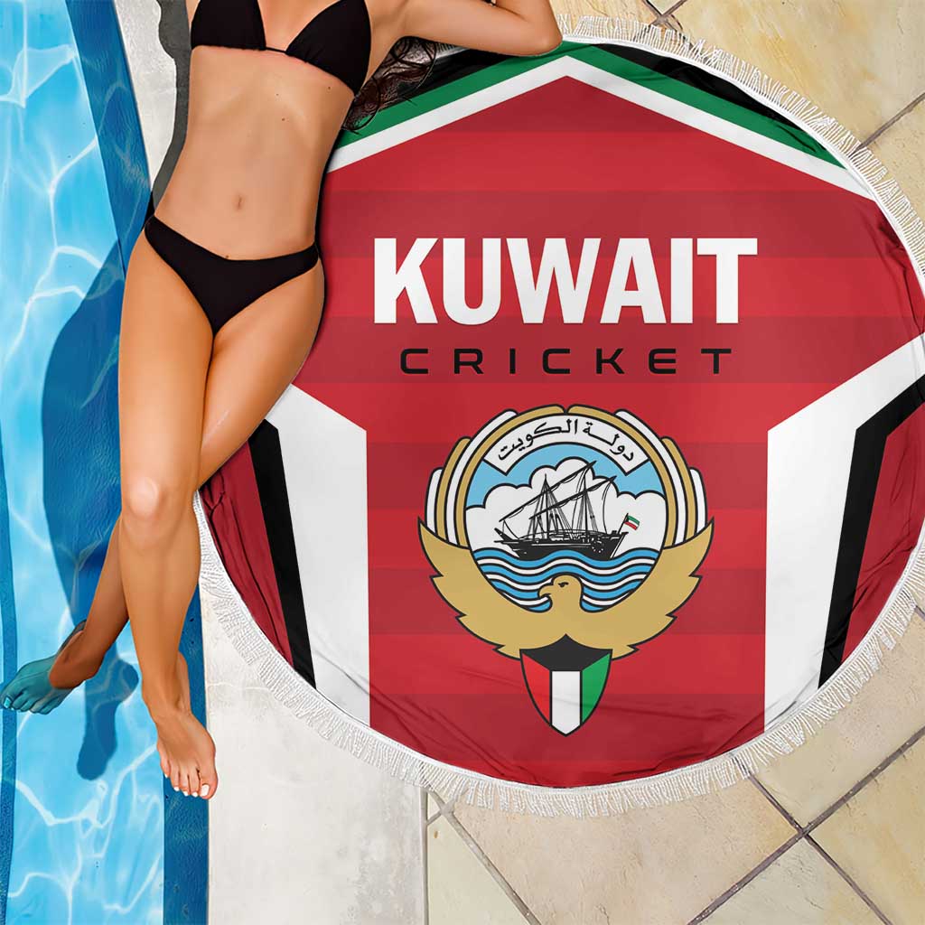 Kuwait cricket beach blanket draped at poolside, red-and-white stripes, round fringed edge