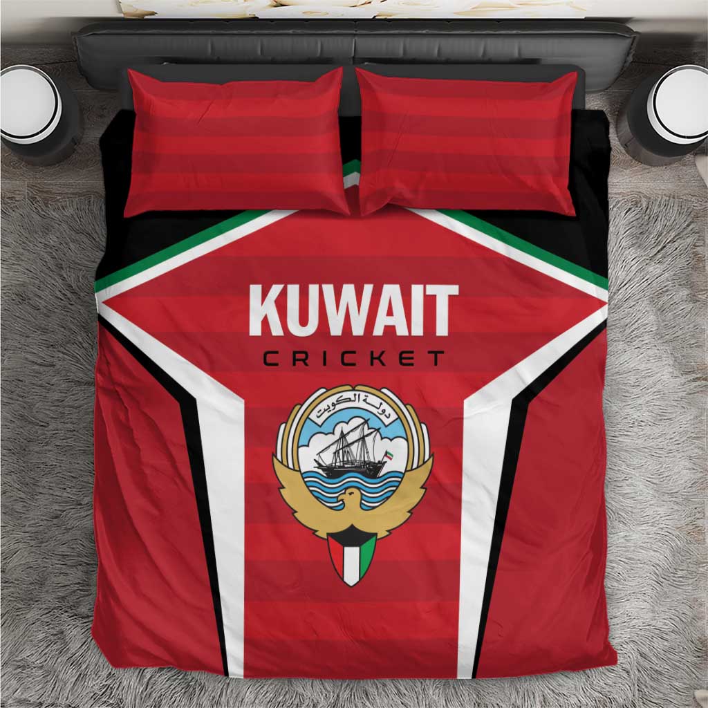 Red, black, and white Kuwait Cricket bedding set with striped duvet and two matching pillows
