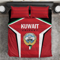 Red, black, and white Kuwait Cricket bedding set with striped duvet and two matching pillows