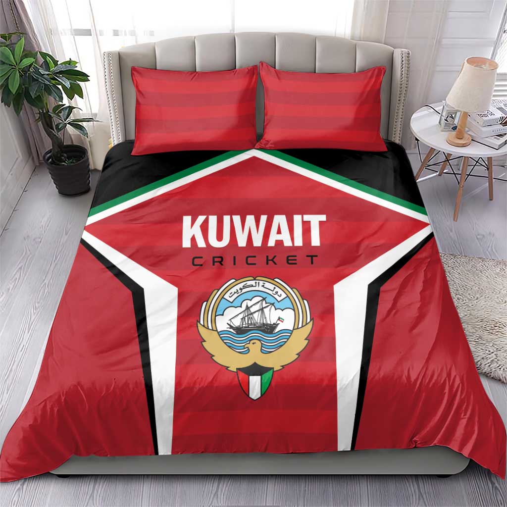 Red Kuwait Cricket duvet cover with two pillows, black base, white stripes, and shield emblem
