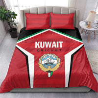 Red Kuwait Cricket duvet cover with two pillows, black base, white stripes, and shield emblem