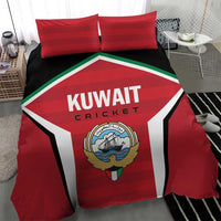 Red Kuwait Cricket duvet cover with black sides, white stripes, crest logo, and two pillows