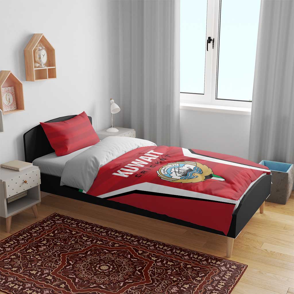 Red Kuwait Cricket duvet cover and pillows on bed; crest emblem and KUWAIT CRICKET print