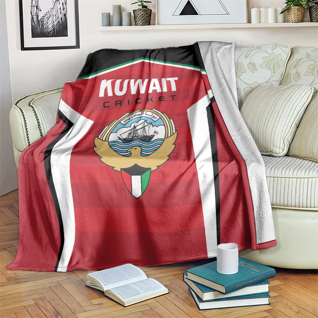 Red, white, and black cricket blanket with Kuwait Cricket logo and team text
