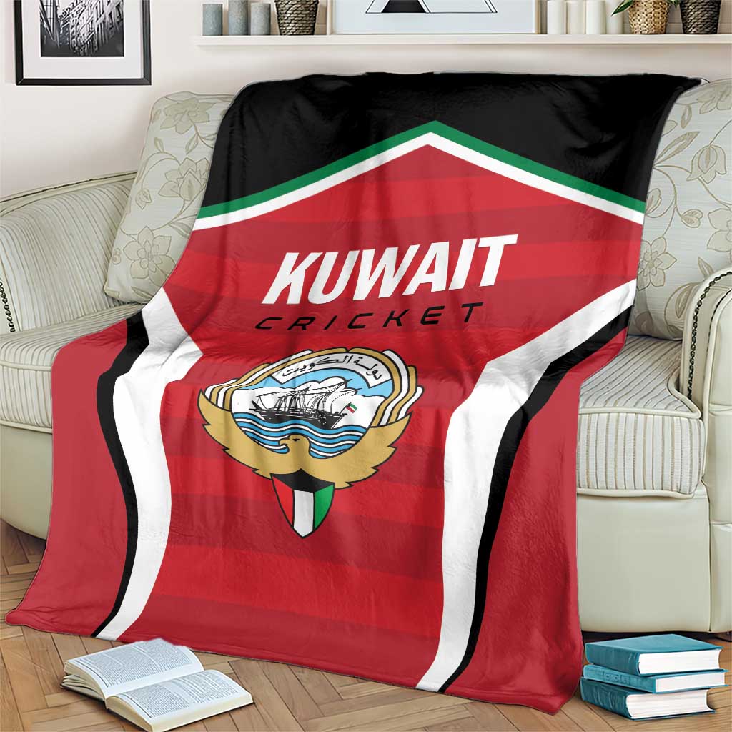 Kuwait Cricket blanket in red, white, and black with large 'Kuwait' lettering