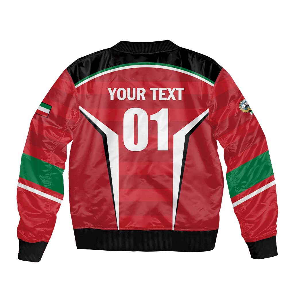 Red bomber jacket back with 'YOUR TEXT' and number 01, green trim