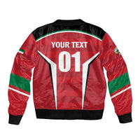 Red bomber jacket back with 'YOUR TEXT' and number 01, green trim