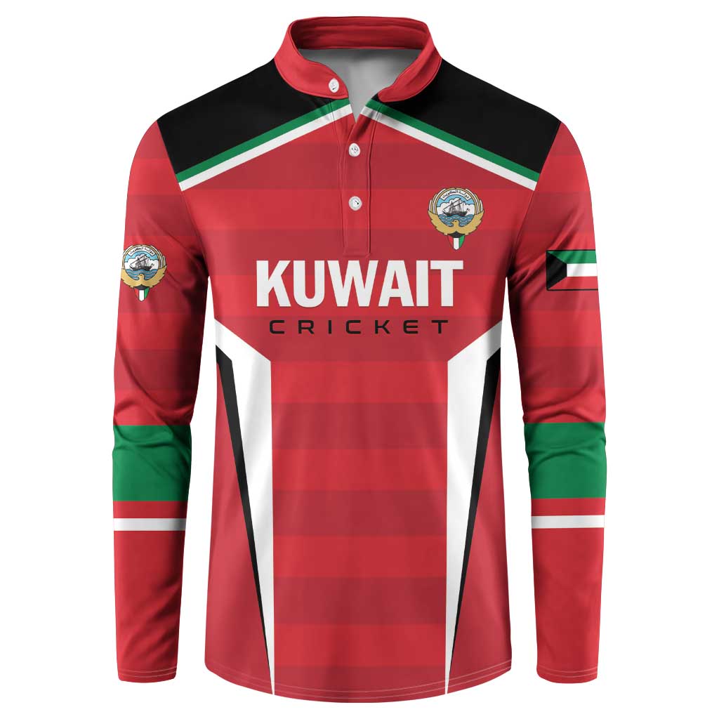 Red Kuwait Cricket button sweatshirt with green-white stripes and chest logo