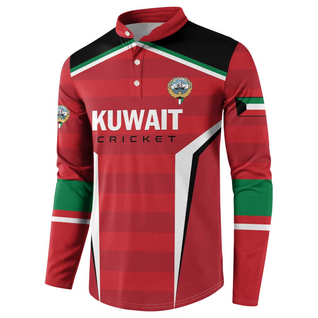Red Kuwait Cricket button sweatshirt, side view with striped sleeves and badge