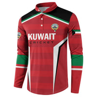 Red Kuwait Cricket button sweatshirt, side view with striped sleeves and badge
