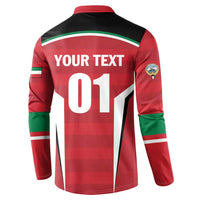 Red cricket button sweatshirt back with 'YOUR TEXT' and large '01' design