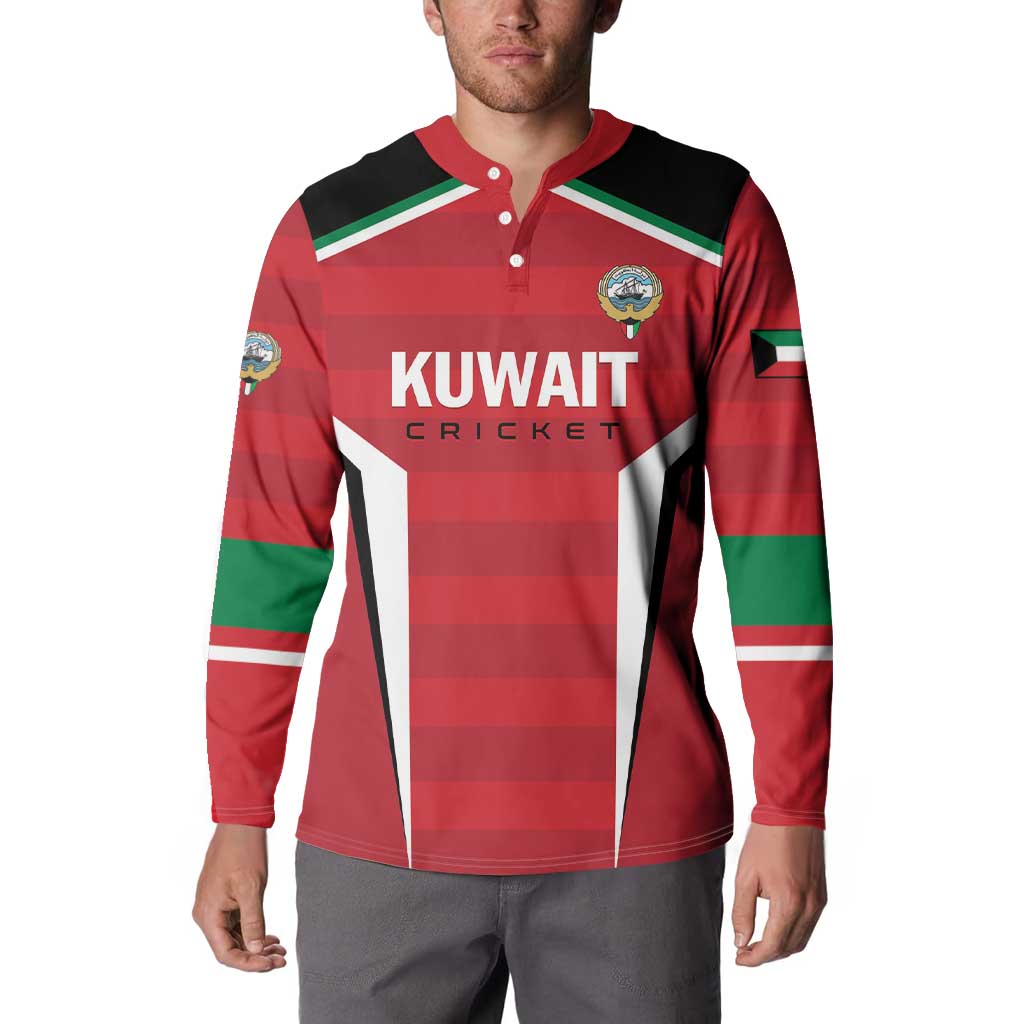 Red Kuwait Cricket button sweatshirt on model with green-white striped sleeves