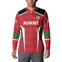 Red Kuwait Cricket button sweatshirt on model with green-white striped sleeves
