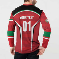 Red cricket button sweatshirt back with 'YOUR TEXT' and '01' number, striped yoke