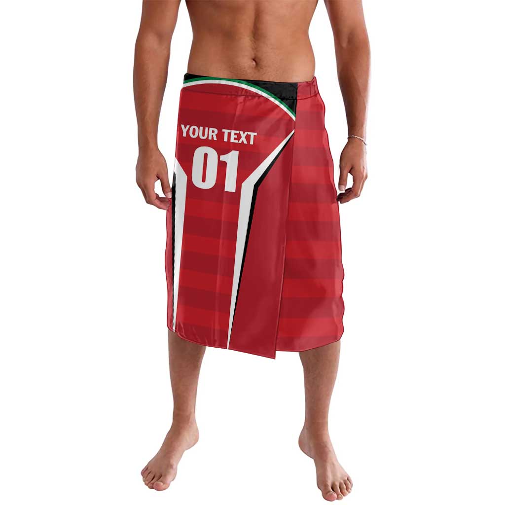 Red plaid cricket-themed lavalava with green-trim waistband and jersey number 01 front