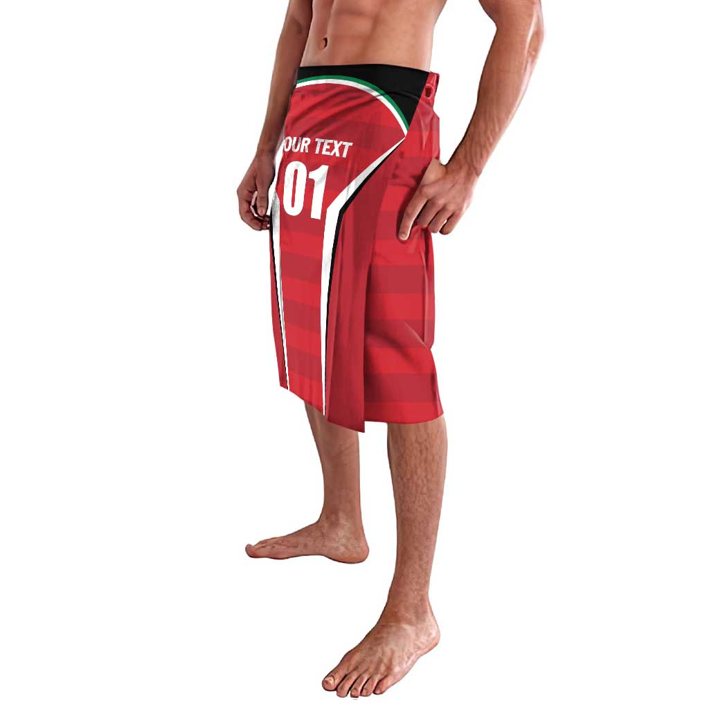 Red plaid cricket-themed lavalava with green-trim waistband and number 01 side graphic