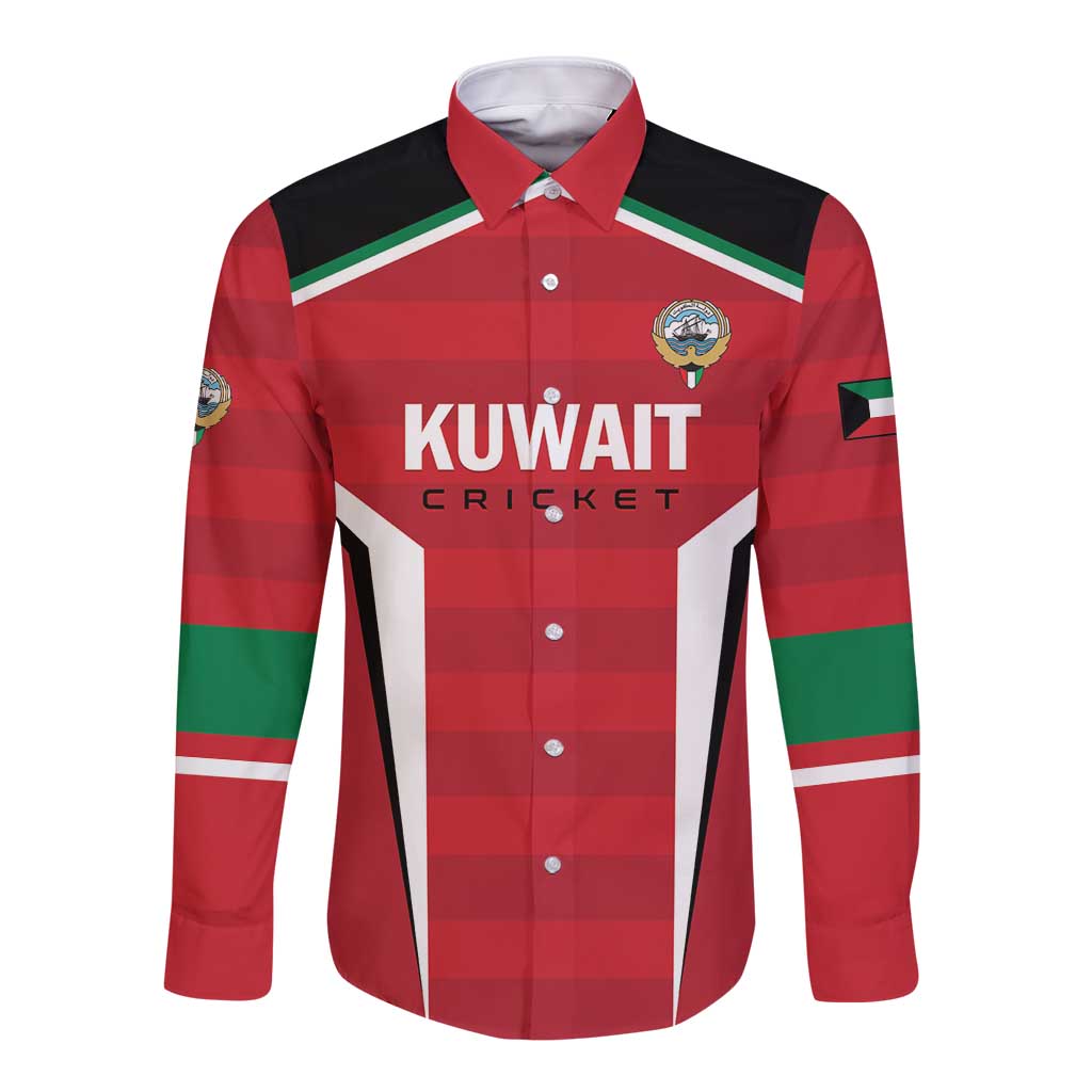 Red long-sleeve cricket button-up shirt with Kuwait Cricket text and crest logos