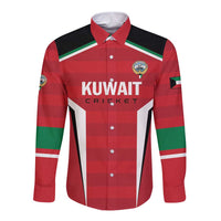 Red long-sleeve cricket button-up shirt with Kuwait Cricket text and crest logos